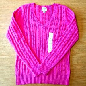 St John's Bay size Medium Classic Cable V Neck Sweater in Shocking Pink